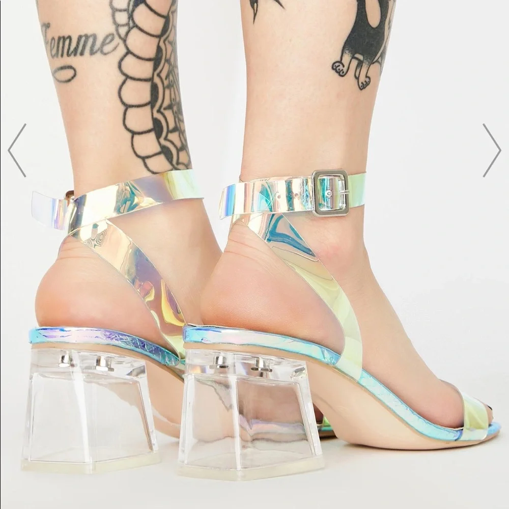 Public Desire Iridescent Holographic Strap Block Heel Sandals